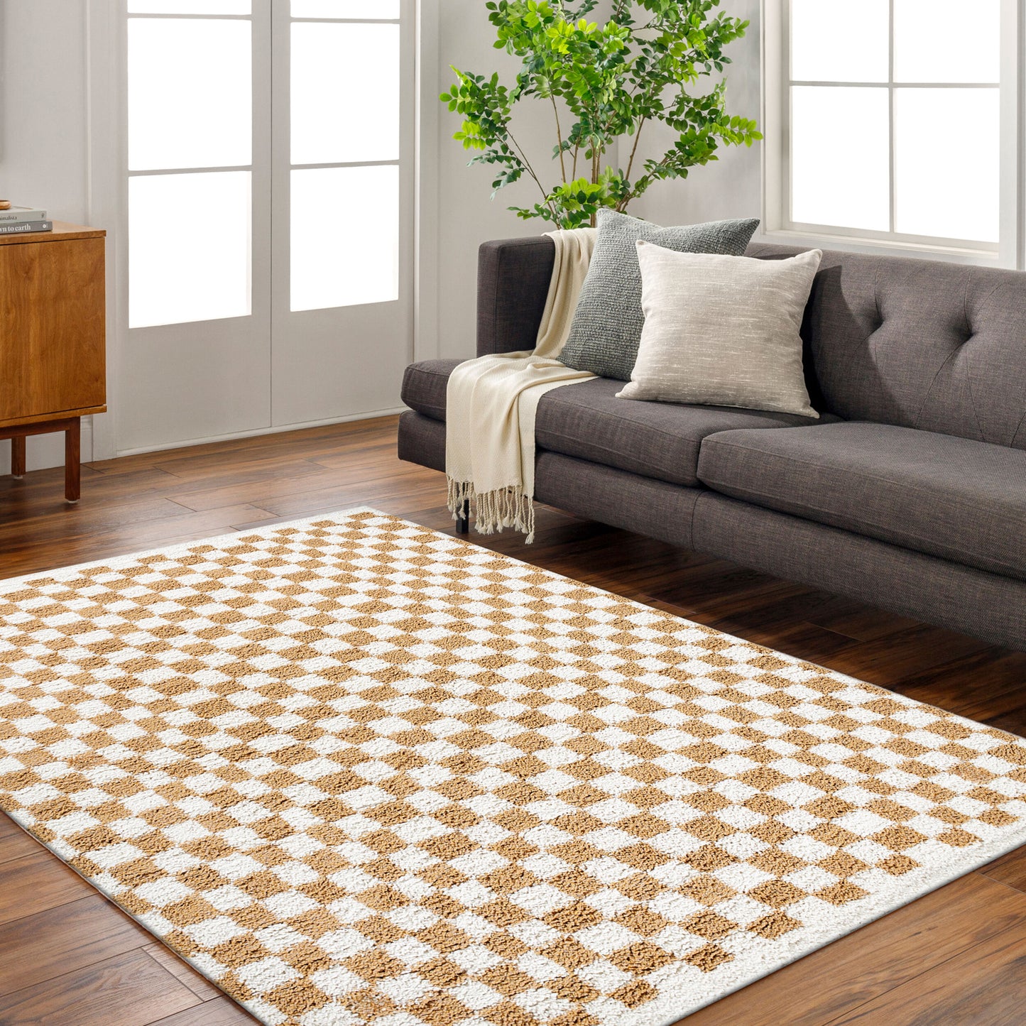 EMMITT Shaggy Checkered Rug I Living Room, Bedroom I Modern Boho Area Rug, Soft Rug, Plush Pile, Thick Rug, Easy Care I Ivory, Tan