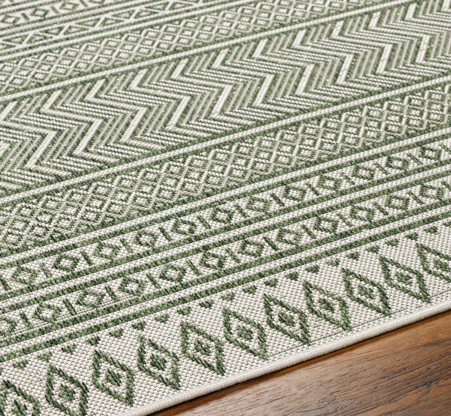 ANTIBES In- & Outdoor Rug I Balcony, Terrace, Kitchen, Garden, Patio I Modern Boho Rug, UV Weather Stain Resistant I Green, Ivory