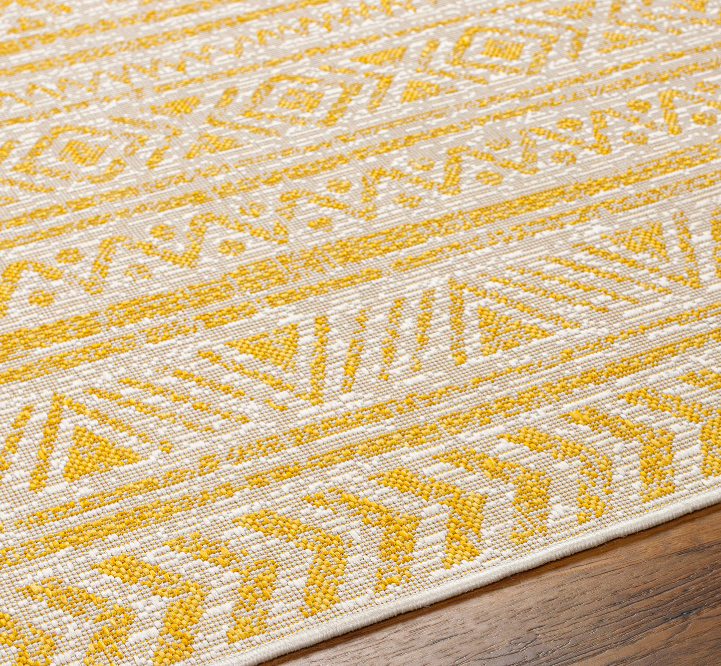 GOFF In- & Outdoor Rug I Balcony, Terrace, Kitchen, Garden, Veranda, Patio I Modern Boho Rug, UV Weather Stain Resistant I Yellow, Ivory