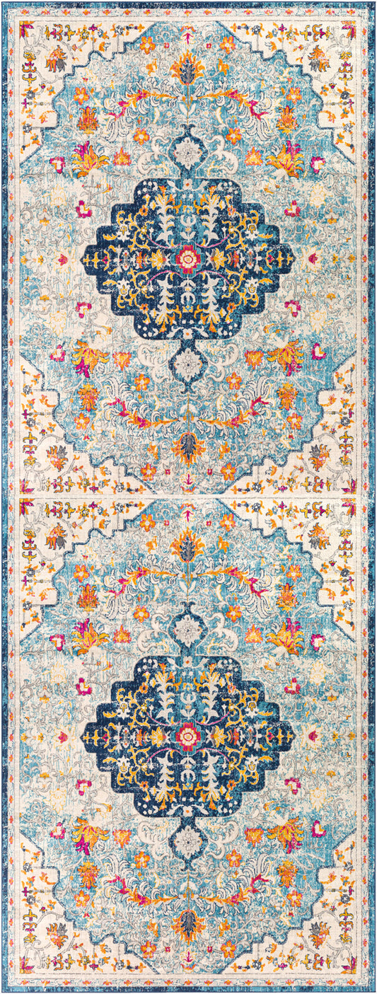 BUTTINGA Vintage Traditional Oriental Boho Sky Blue Saffron Runner Rug