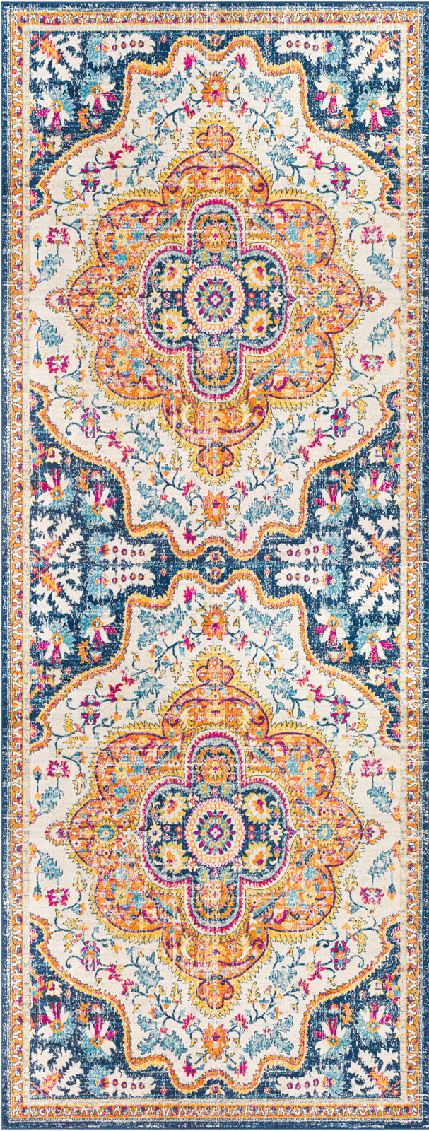 DEINUM Vintage Rug I Living Room, Bedroom, Hallway I Traditional Oriental Boho Rug, Soft Area Rug, Short Pile, Easy Care I Orange, Blue