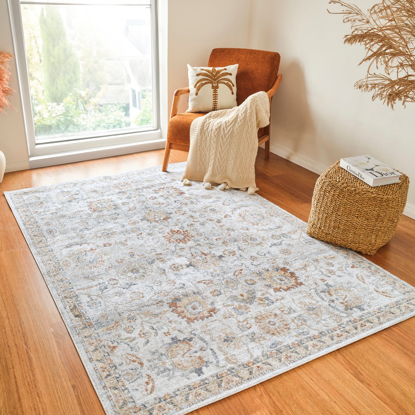 ESKRIDGE Machine Washable Traditional Boho Greyt Oatmeal Area Rug