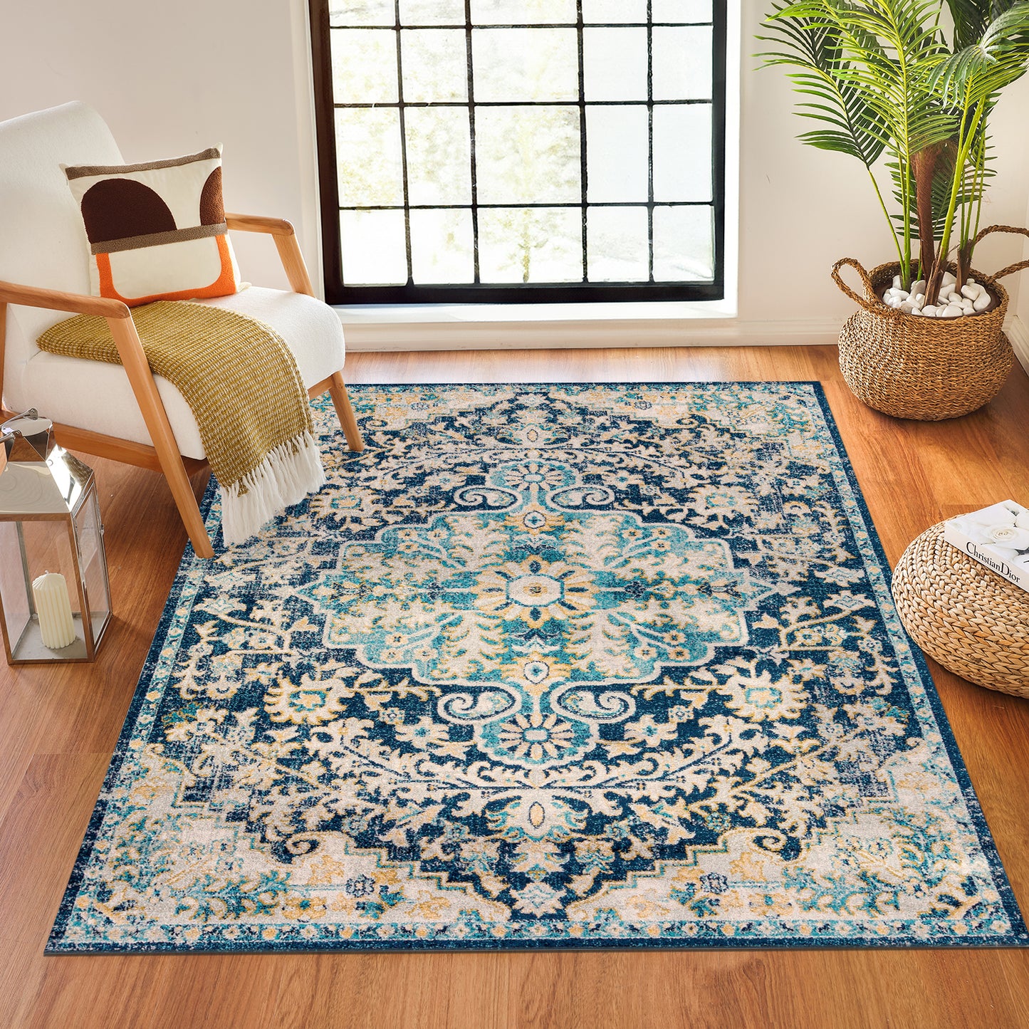 GIMEL Vintage Rug I Living Room, Bedroom, Dining Room I Traditional Oriental Boho Rug, Soft Rug, Short Pile, Easy Care I Blue, Yellow