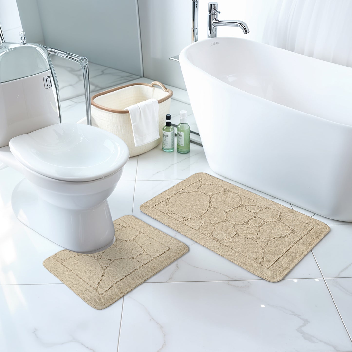 MALAK 2-Piece Machine Washable Non-Slip Light Beige Bathroom Rug Set