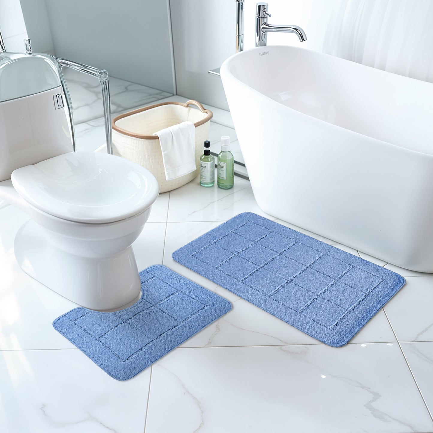 ALENE 2 Piece Bathroom Rug Set I Machine Washable Wet Room Rugs, Absorbent, Non Slip, Toilet Pedestal Mat, High Pile I Blue