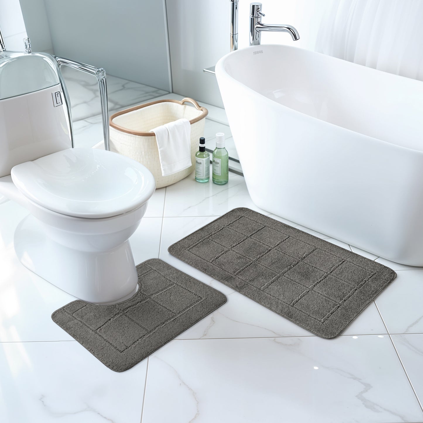 ALENE 2 Piece Bathroom Rug Set I Machine Washable Wet Room Rugs, Absorbent, Non Slip, Toilet Pedestal Mat, High Pile I Dark Grey