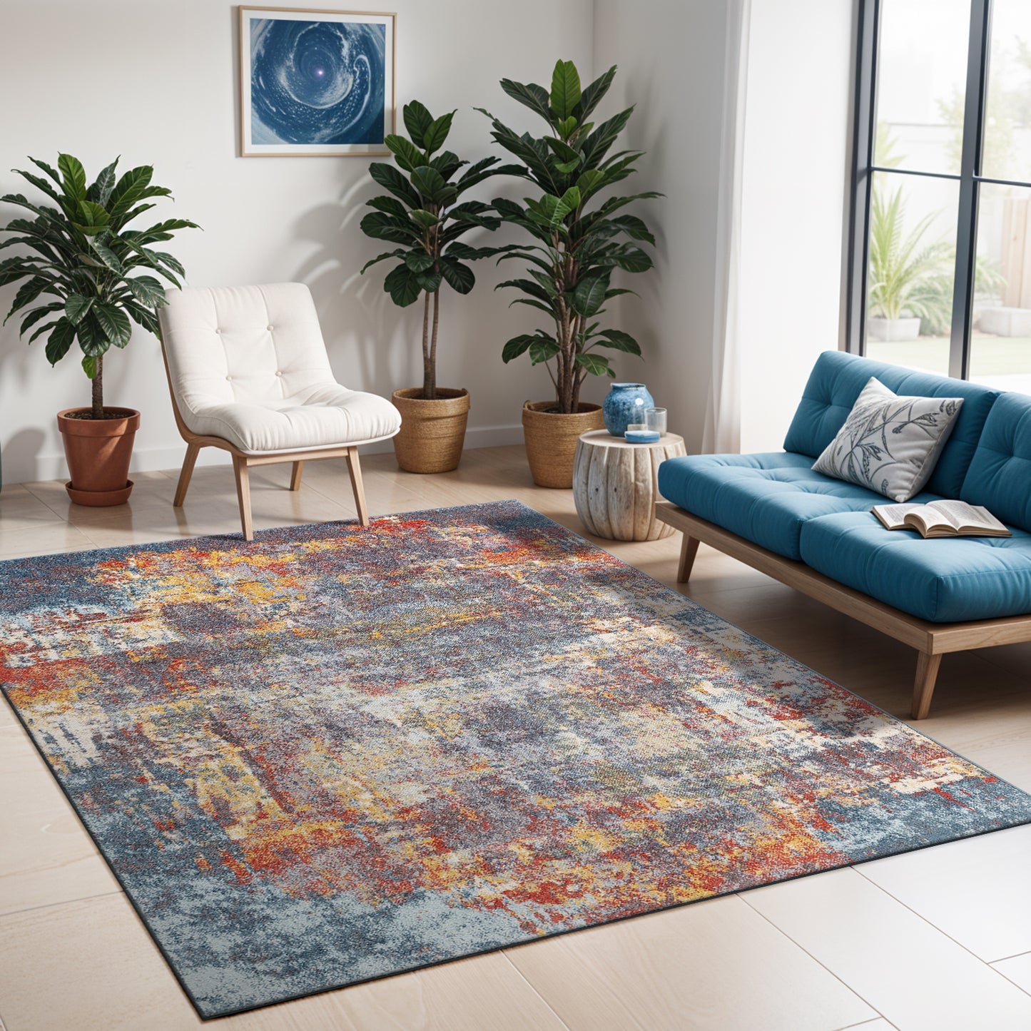 LOIRE Abstract Rug I Living Room, Bedroom, Dining I Modern Marble Rug, Soft Luxurious Area Rug, Short Pile, Easy Care I Blue, Grey, Red