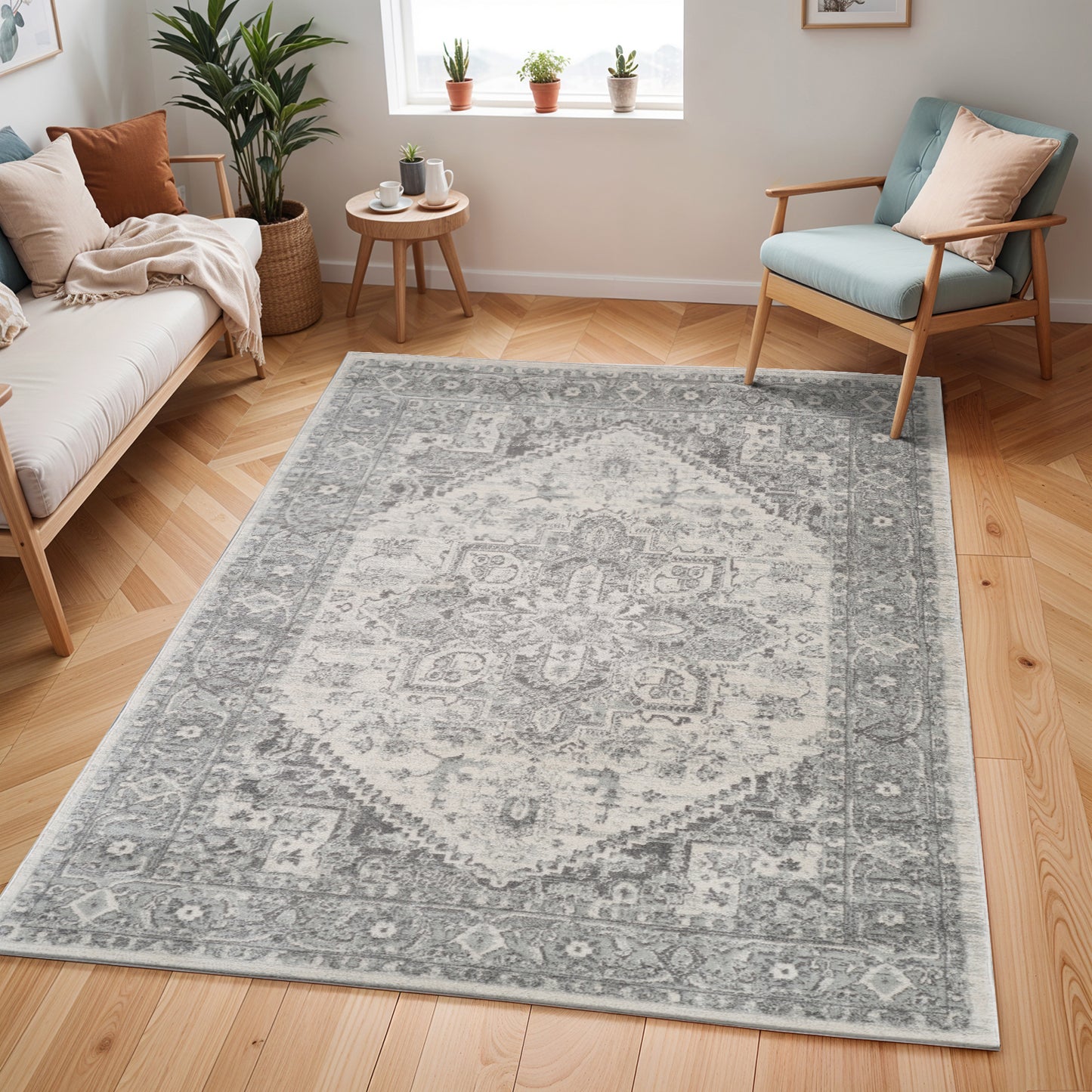 CHARTRES Vintage Traditional Oriental Boho Grey White Area Rug