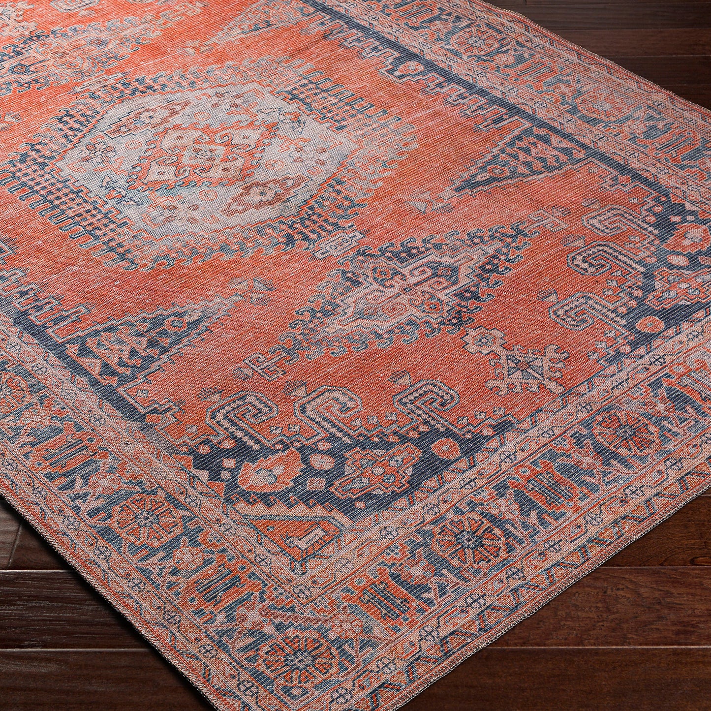 MACKEY Machine Washable Rug I Living Room, Hallway, Dining, Kitchen I Modern Boho, Flatweave Area Rug, Easy Care I Orange, Blue