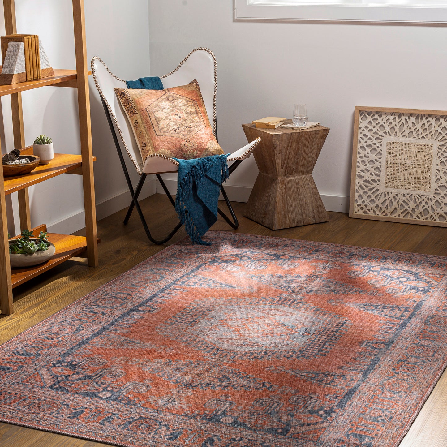 MACKEY Machine Washable Rug I Living Room, Hallway, Dining, Kitchen I Modern Boho, Flatweave Area Rug, Easy Care I Orange, Blue