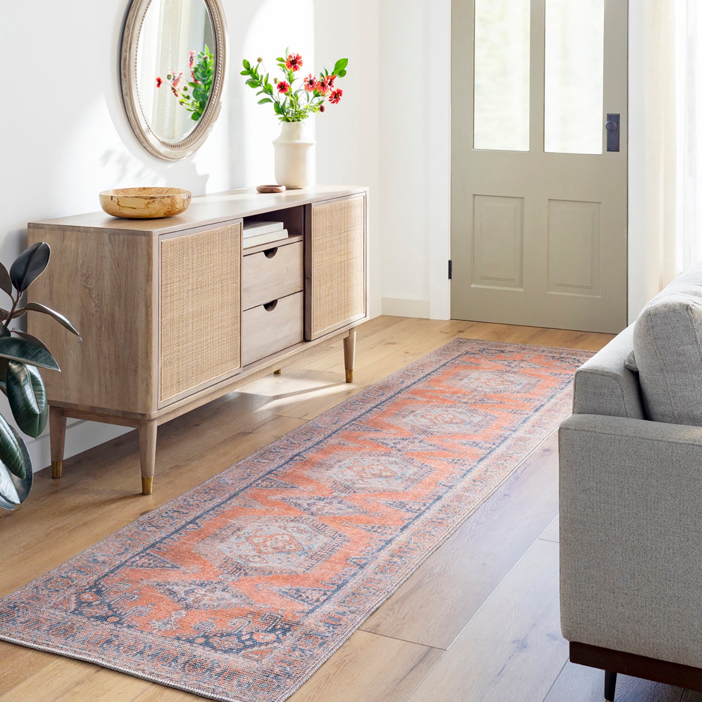 MACKEY Machine Washable Rug I Living Room, Hallway, Dining, Kitchen I Modern Boho, Flatweave Area Rug, Easy Care I Orange, Blue