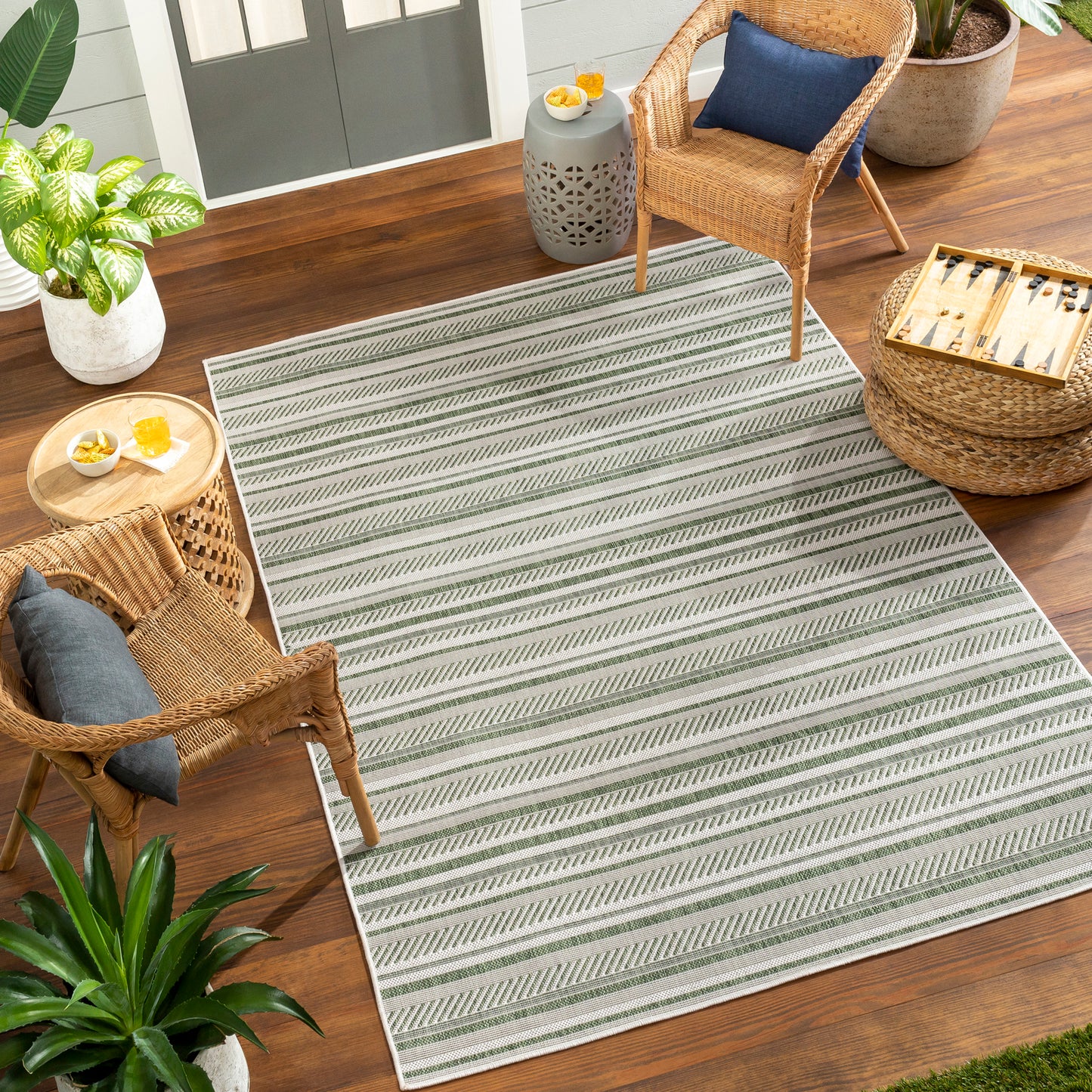 PAU In- & Outdoor Rug I Balcony, Terrace, Kitchen, Garden, Veranda, Patio I Modern Boho Rug, UV Weather Stain Resistant I Green, Ivory