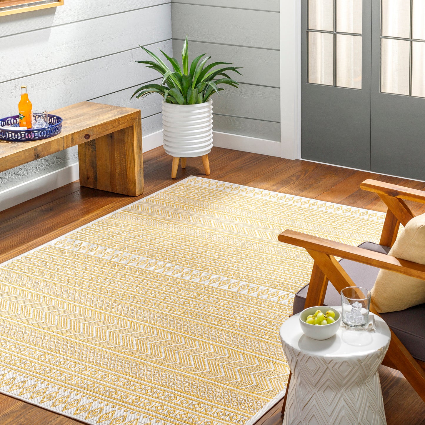 ANTIBES In- & Outdoor Rug I Balcony, Terrace, Kitchen, Garden, Patio I Modern Boho Rug, UV Weather Stain Resistant I Yellow, Ivory