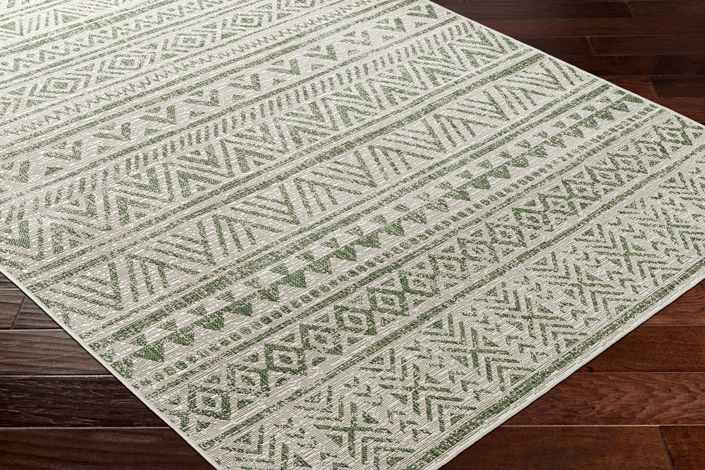 GOFF In- & Outdoor Rug I Balcony, Terrace, Kitchen, Garden, Veranda, Patio I Modern Boho Rug, UV Weather Stain Resistant I Green, Ivory