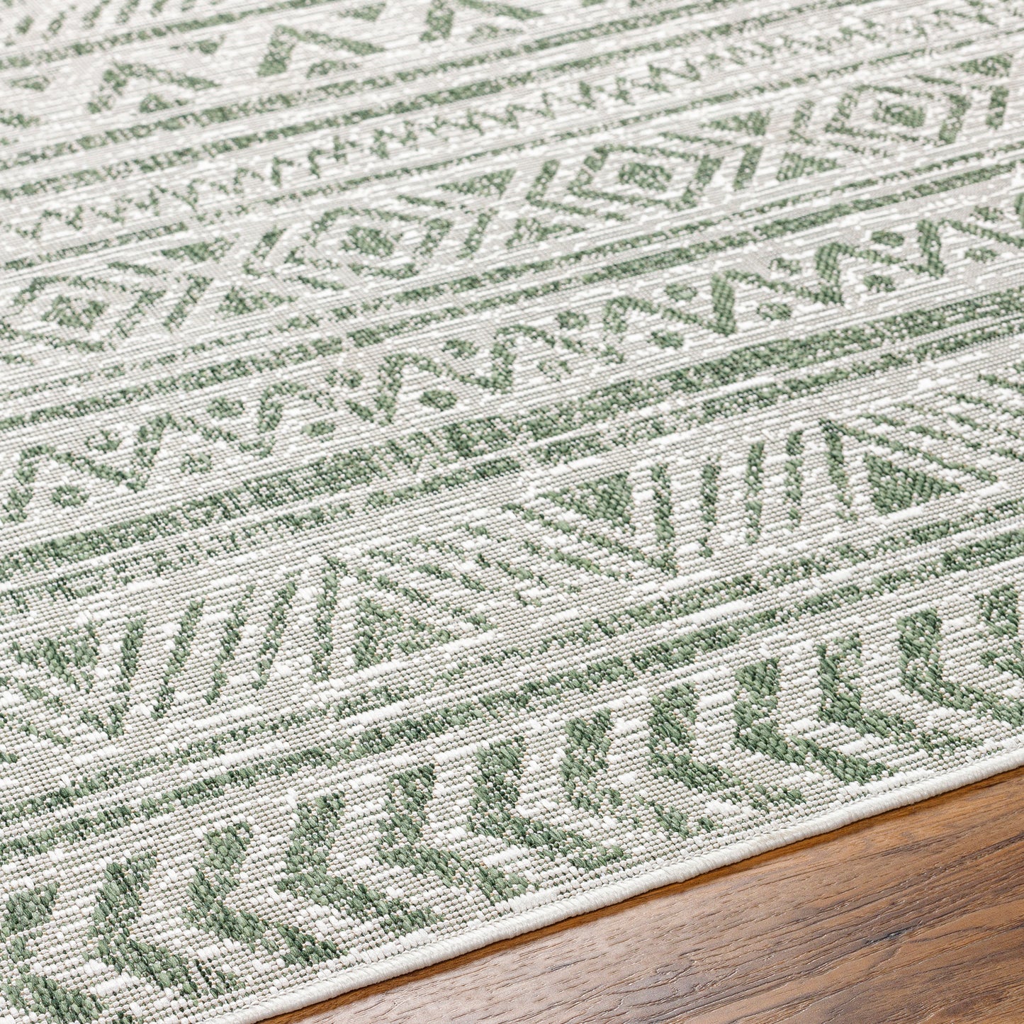 GOFF In- & Outdoor Rug I Balcony, Terrace, Kitchen, Garden, Veranda, Patio I Modern Boho Rug, UV Weather Stain Resistant I Green, Ivory