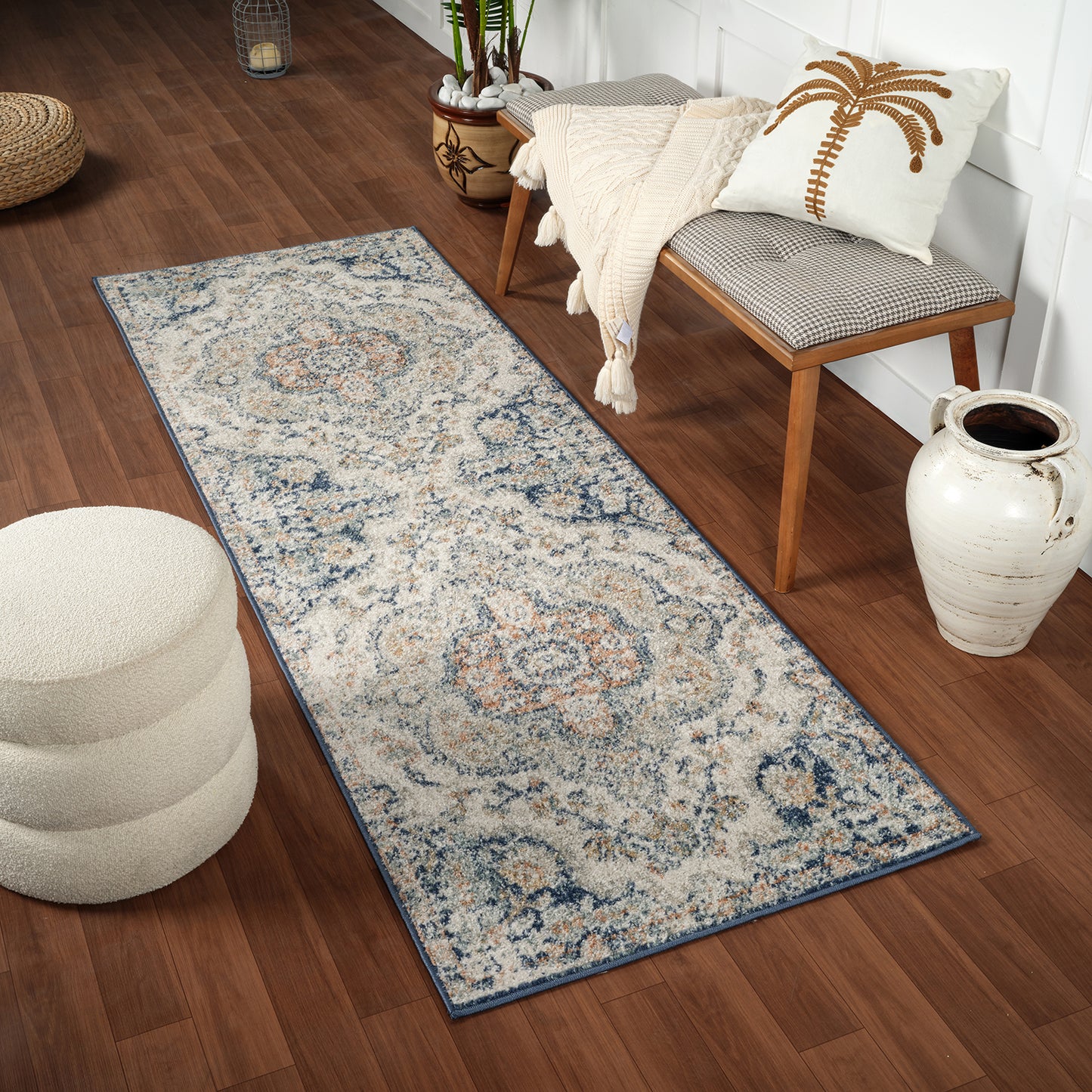 LOLA Vintage Rug I Living Room, Bedroom, Hallway I Traditional Oriental Boho Rug, Soft Area Rug, Short Pile, Easy Care I Beige, Blue