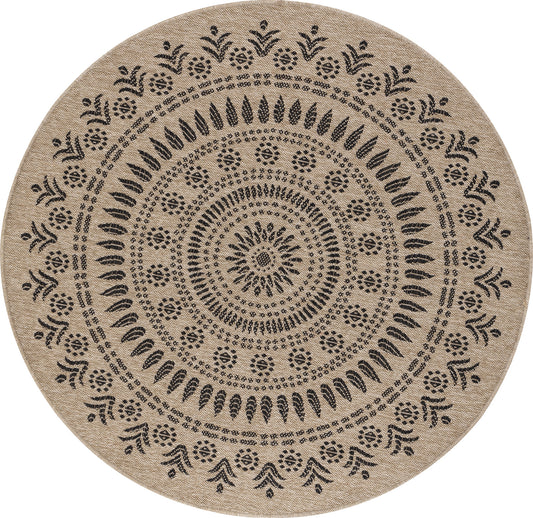 BASSEM Round In- & Outdoor Boho Jute-Look Beige Black Rug