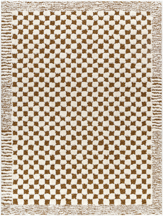 ZECHARIAH Scandi Modern Boho Checkered High Pile Ivory Brown Runner Rug