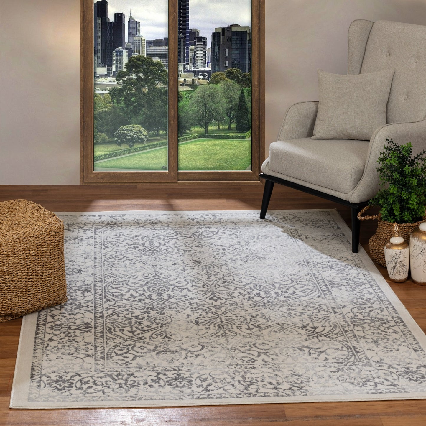 TIVON Vintage Rug I Living Room, Bedroom I Traditional Oriental Boho Rug, Soft Luxurious Area Rug, Short Pile, Easy Care I Grey, Ivory