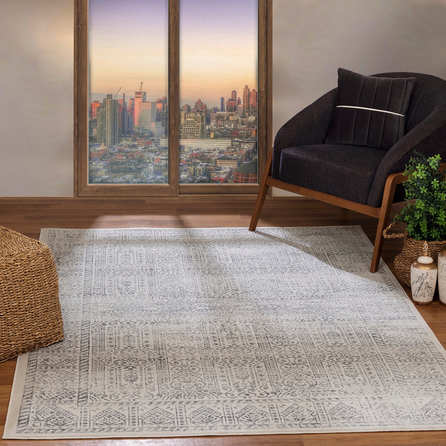 MAKITA Vintage Rug I Living Room, Bedroom I Traditional Oriental Boho Rug, Soft Luxurious Area Rug, Short Pile, Easy Care I Grey, Ivory