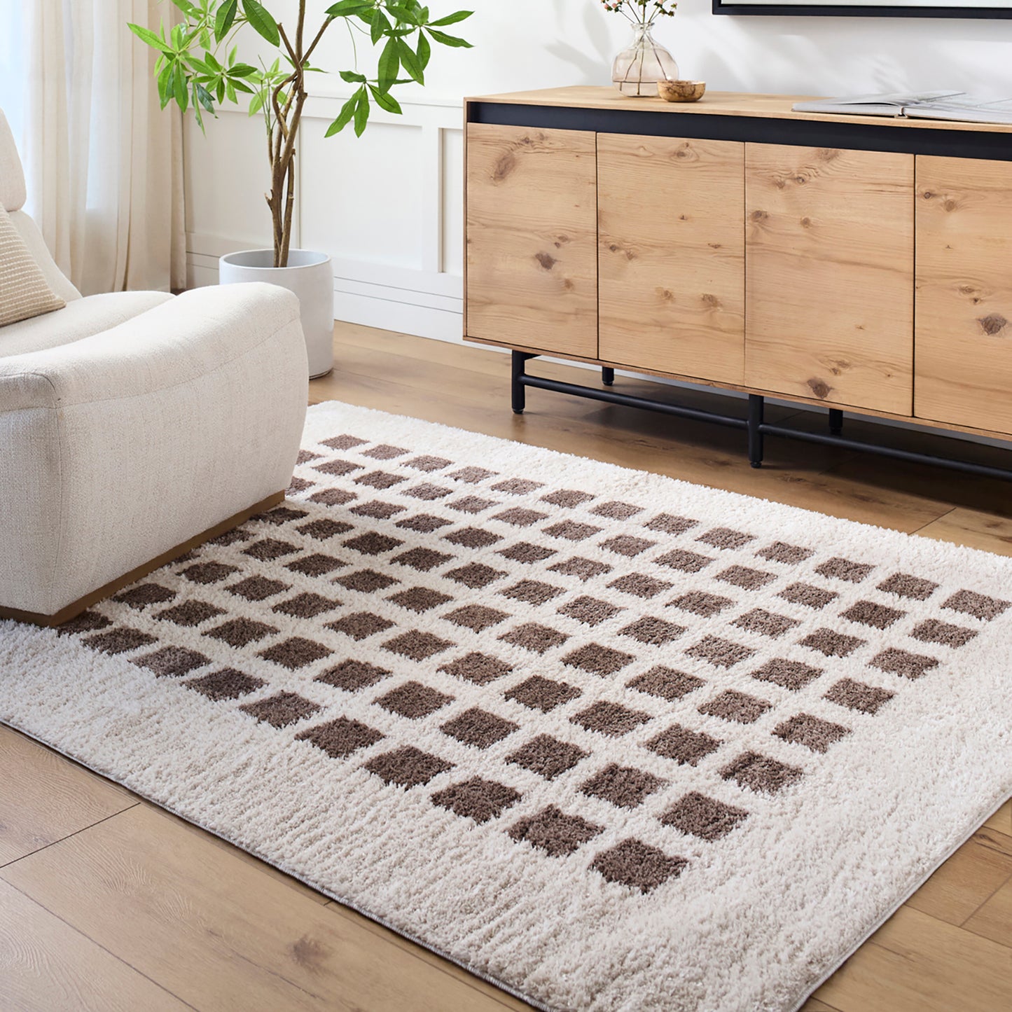 GISELE Machine Washable Shaggy Boho Dark Brown Area Rug