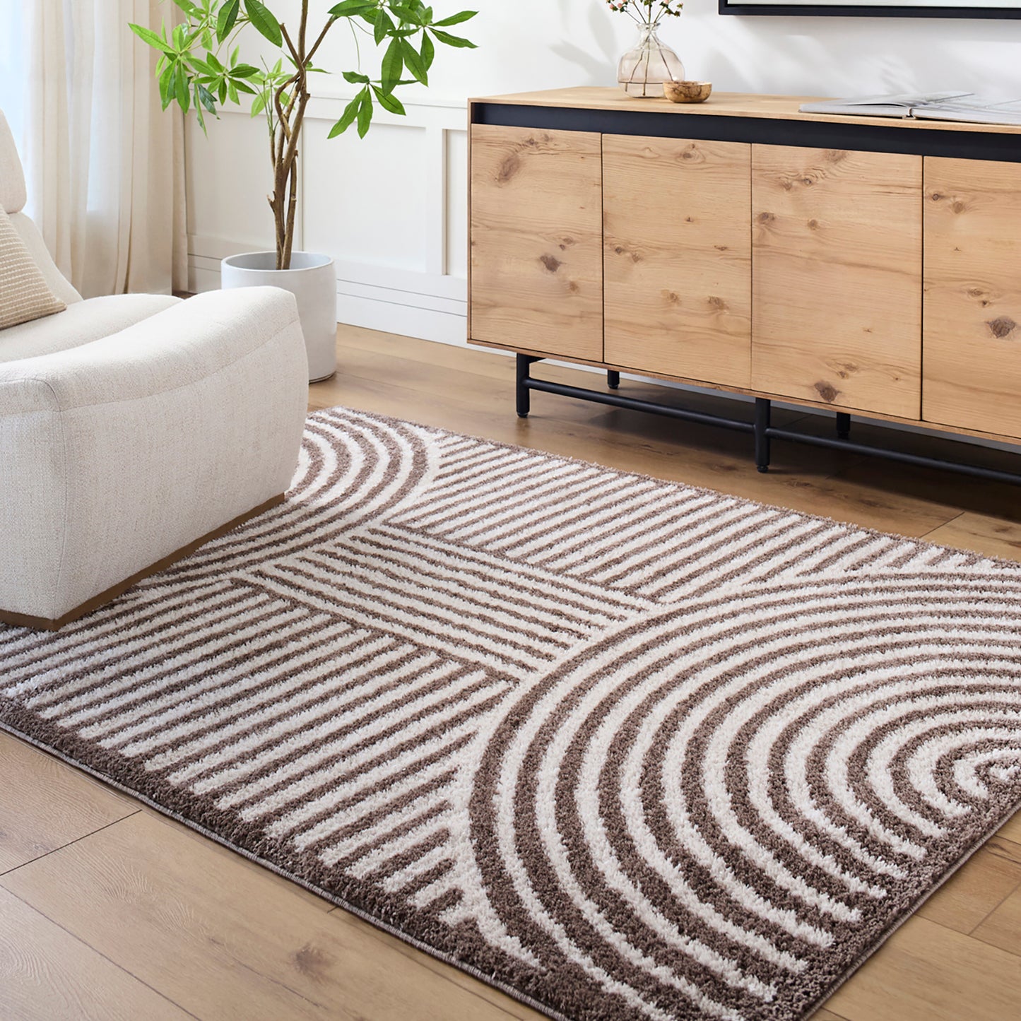 ESTELLE Machine Washable Shaggy Boho Dark Brown Area Rug