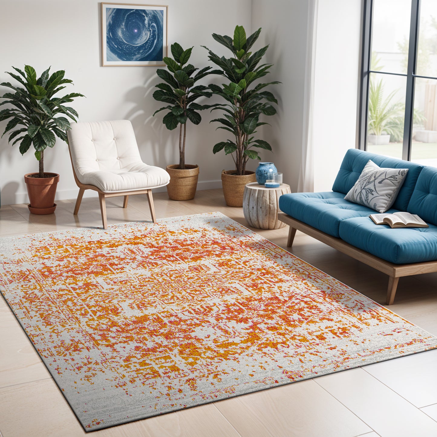 AMELIA Vintage Rug I Living Room, Bedroom, Dining I Traditional Oriental Boho Rug, Soft Area Rug, Short Pile, Easy Care I Orange, Beige