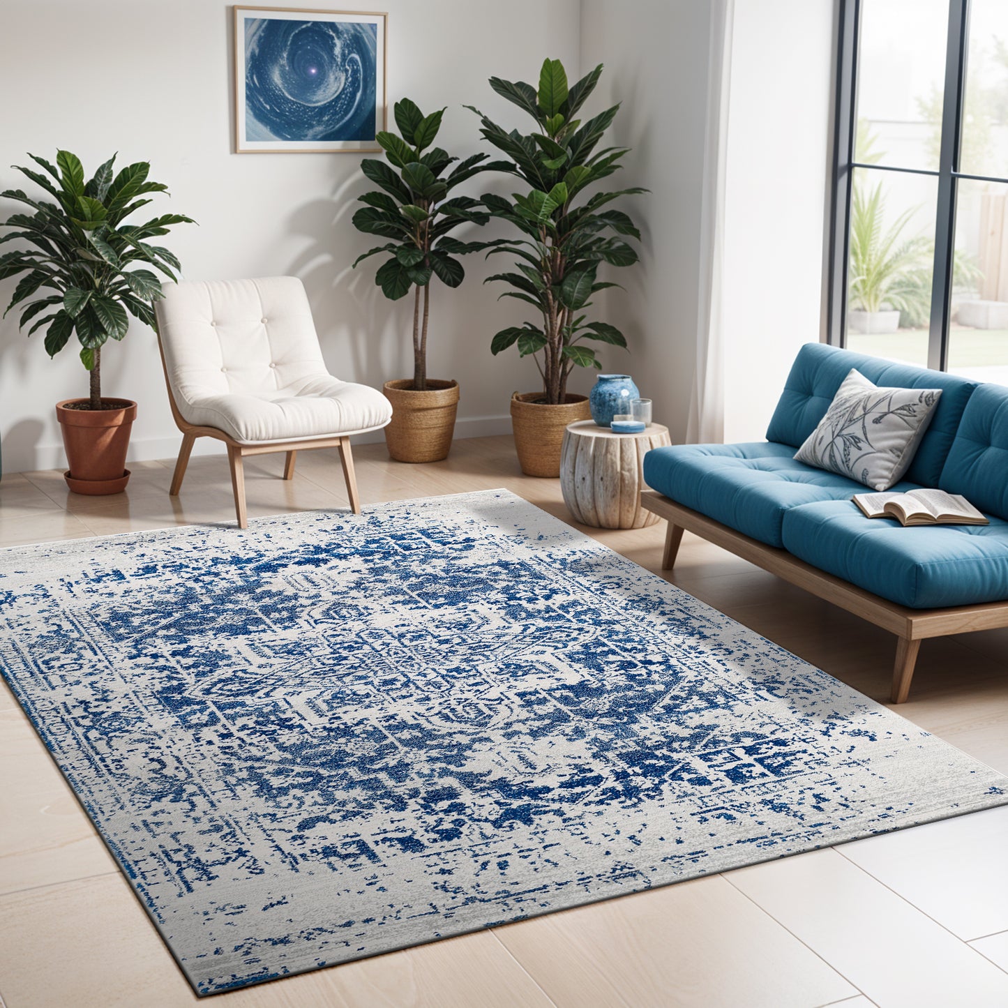 AMELIA Vintage Rug I Living Room, Bedroom, Hallway I Traditional Oriental Boho Rug, Soft Area Rug, Short Pile, Easy Care I Blue, Beige