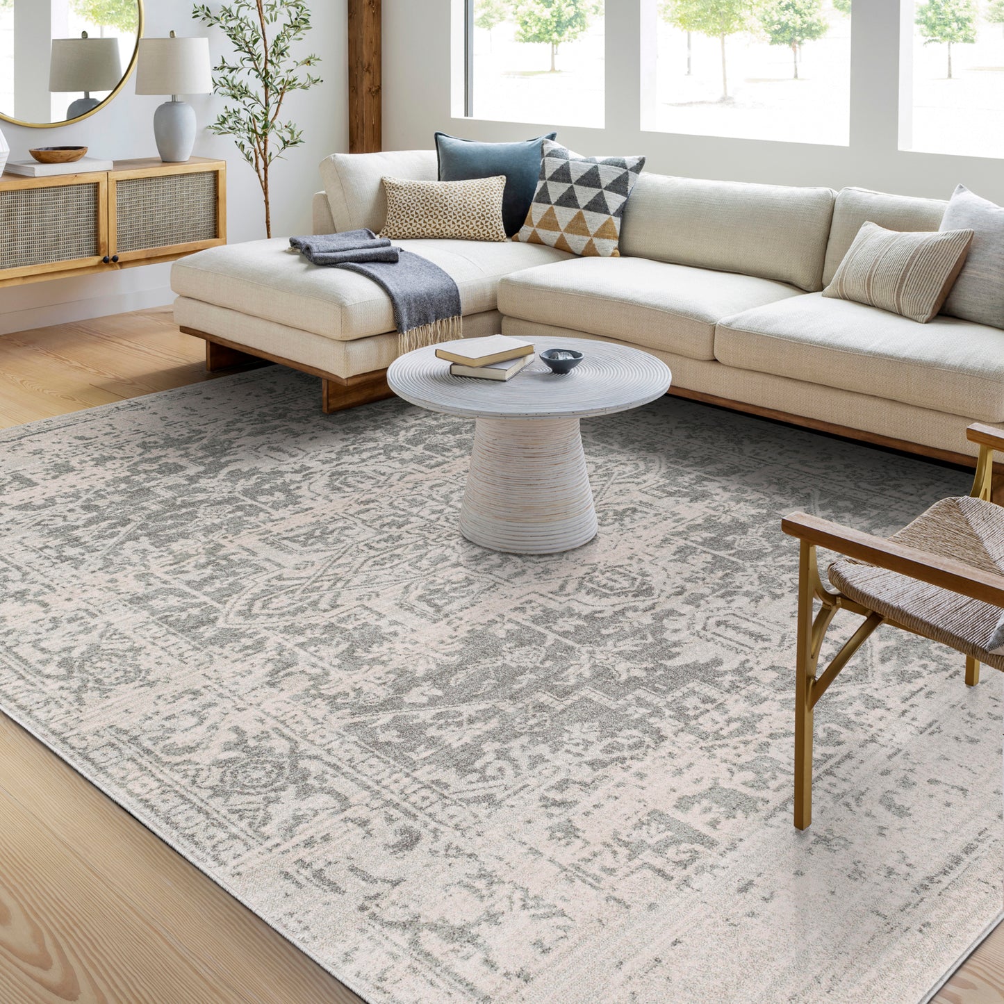 AMELIA Vintage Rug I Living Room, Bedroom, Hallway I Traditional Oriental Boho Rug, Soft Area Rug, Short Pile, Easy Care I Ivory, Grey