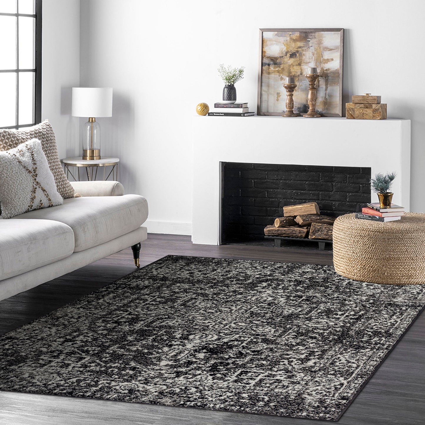 AMELIA Vintage Rug I Living Room, Bedroom, Dining I Traditional Oriental Boho Rug, Soft Area Rug, Short Pile, Easy Care I Black, Ivory