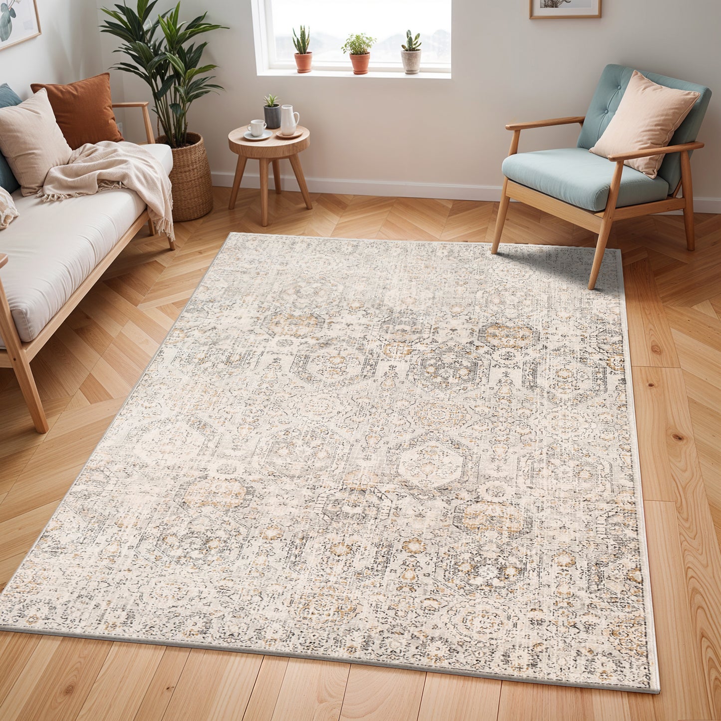 GEELBROEK Vintage Traditional Oriental Boho Tan Ivory Area Rug