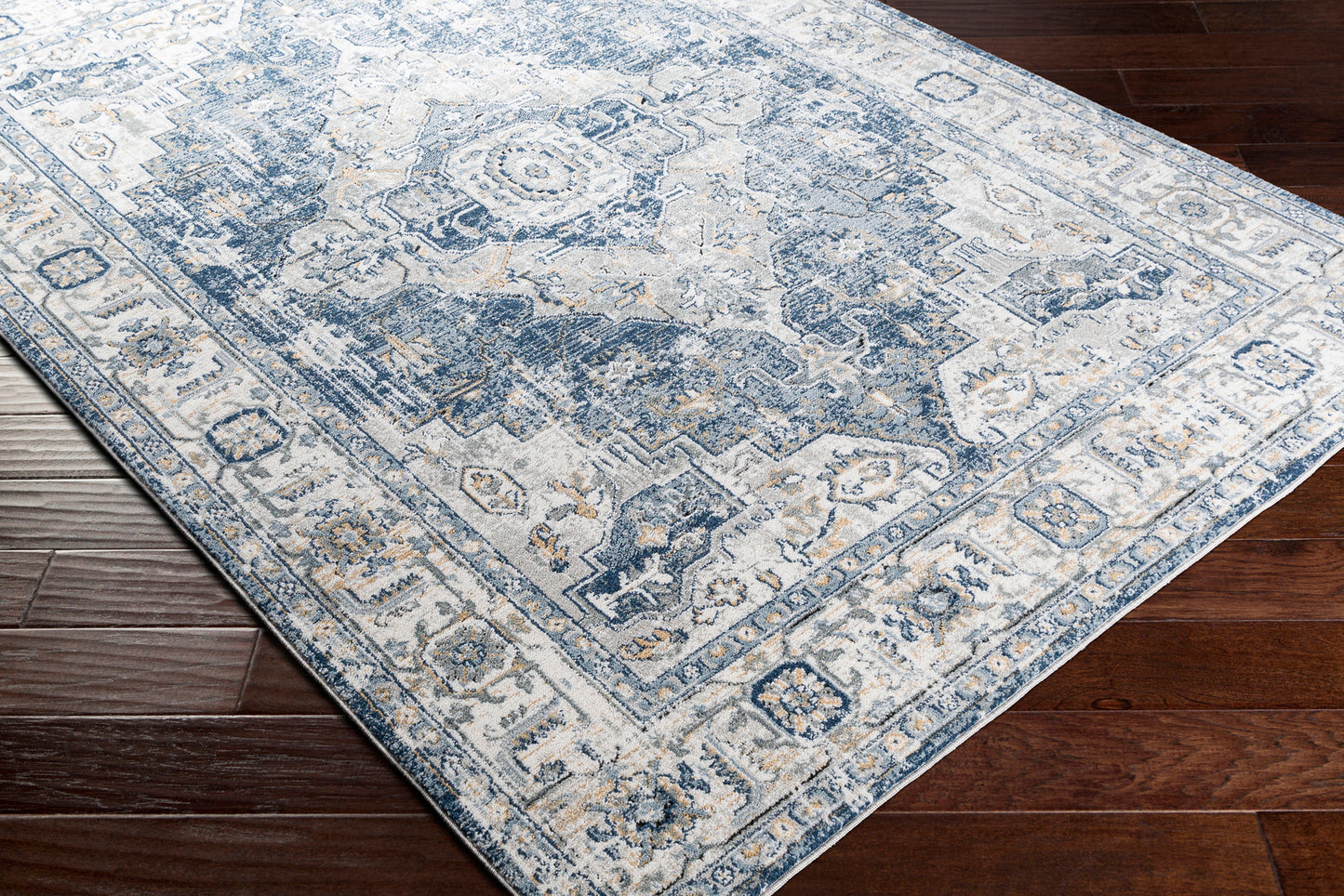 TRICHT Vintage Rug I Living Room, Bedroom I Traditional Oriental Boho Rug, Soft Area Rug, Short Pile, Easy Care I Blue, Grey, Ivory