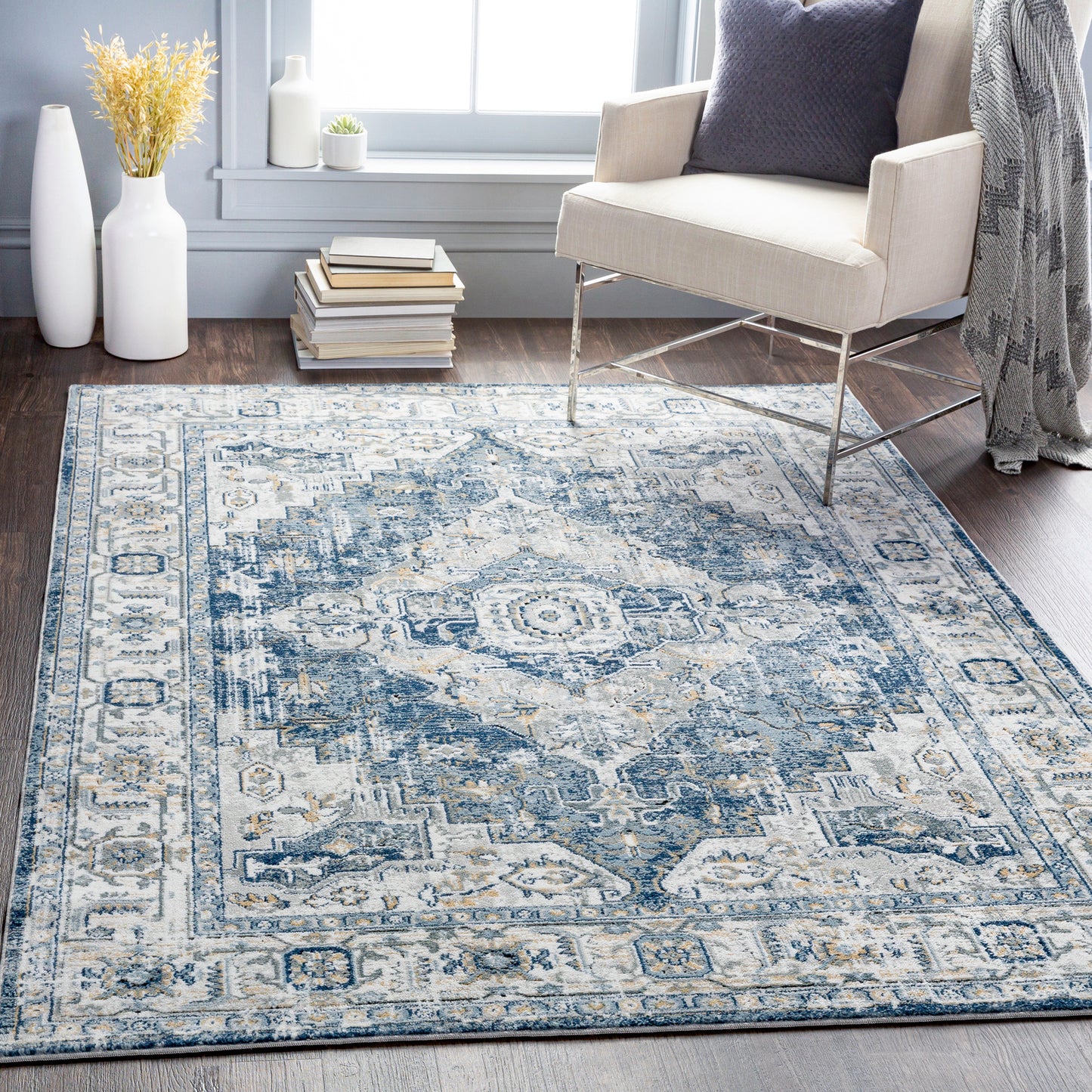 TRICHT Vintage Rug I Living Room, Bedroom I Traditional Oriental Boho Rug, Soft Area Rug, Short Pile, Easy Care I Blue, Grey, Ivory