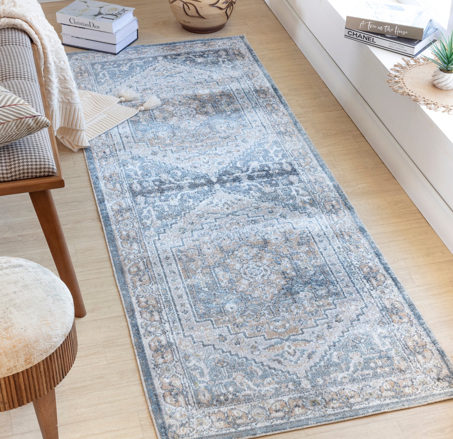 EMMETT Machine Washable Traditional Boho Navy Blue Area Rug