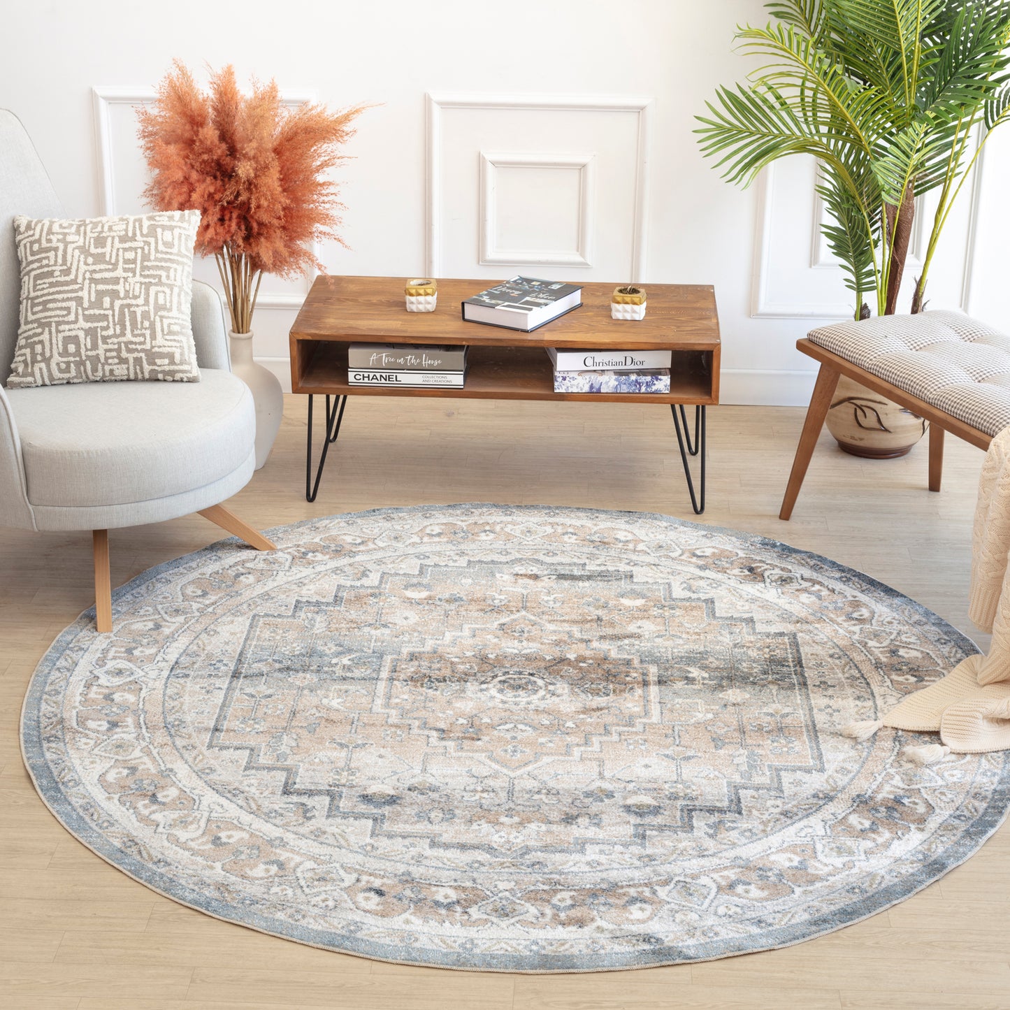 EMMETT Machine Washable Traditional Boho Navy Blue Area Rug