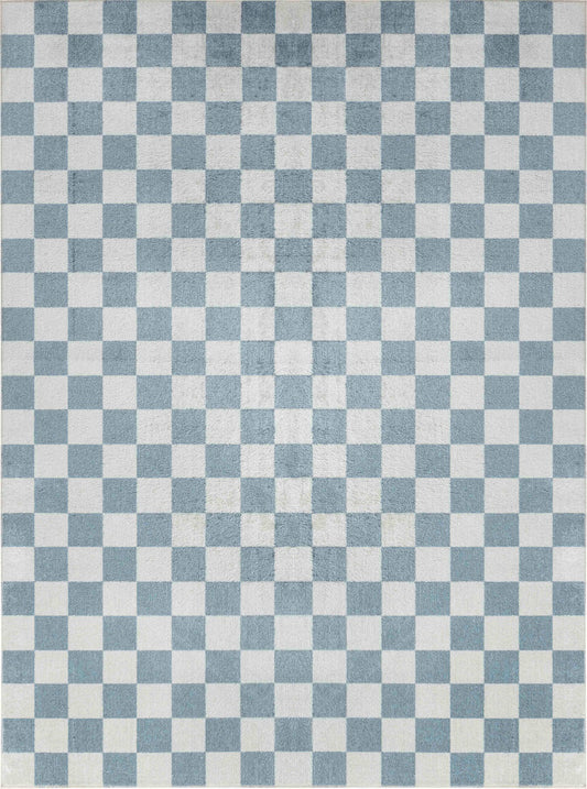 SHAQUINA Machine Washable Modern Boho Checkered Pale Blue Area Rug