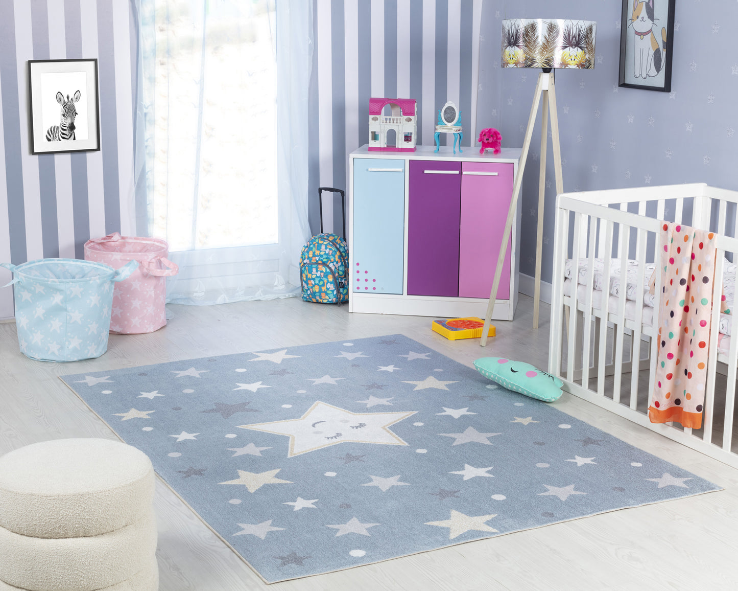 SHAMIA Childrens Rug I Machine Washable Area Rug for Kids Room, Nursery or Playroom I Baby Bedroom Rug for Girls or Boys I Blue, Beige