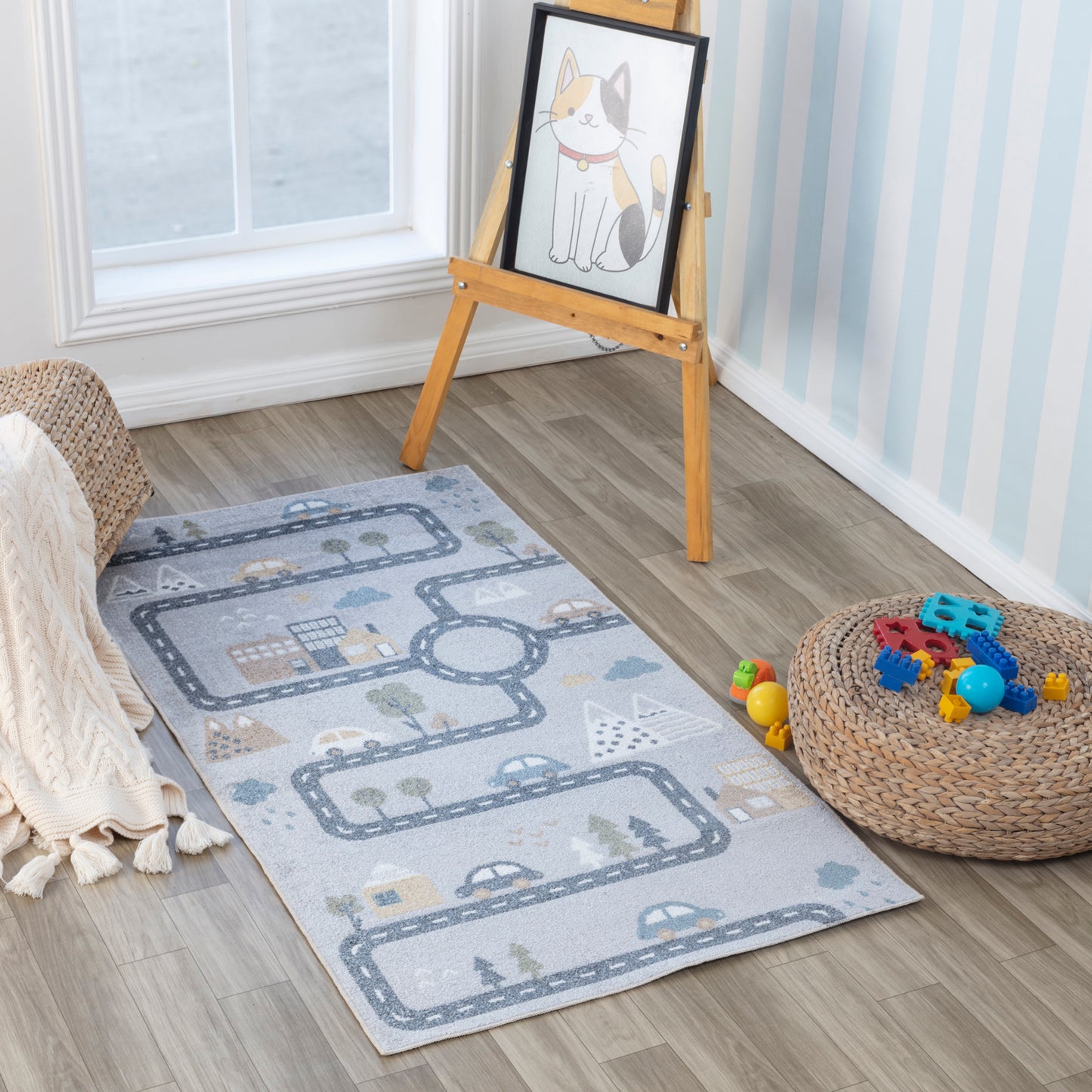 JOSIAS Childrens Rug I Machine Washable Area Rug for Kids Room, Nursery or Playroom I Baby Bedroom Rug for Girls or Boys I Blue, Grey