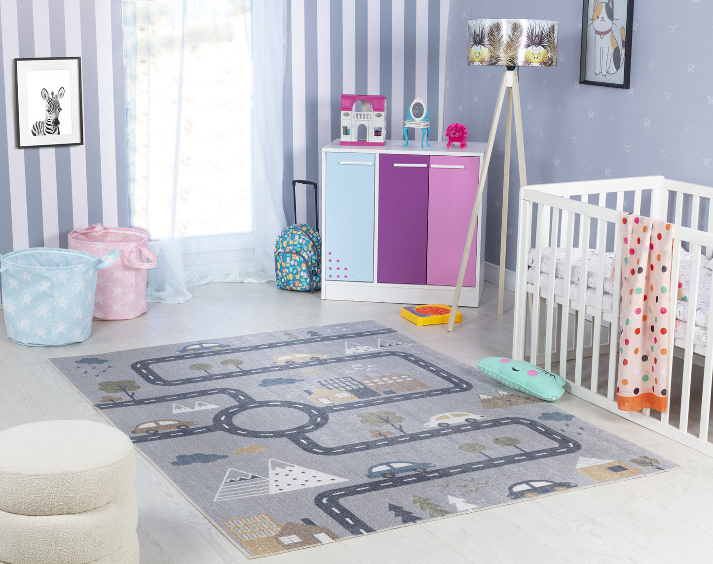 JOSIAS Childrens Rug I Machine Washable Area Rug for Kids Room, Nursery or Playroom I Baby Bedroom Rug for Girls or Boys I Blue, Grey