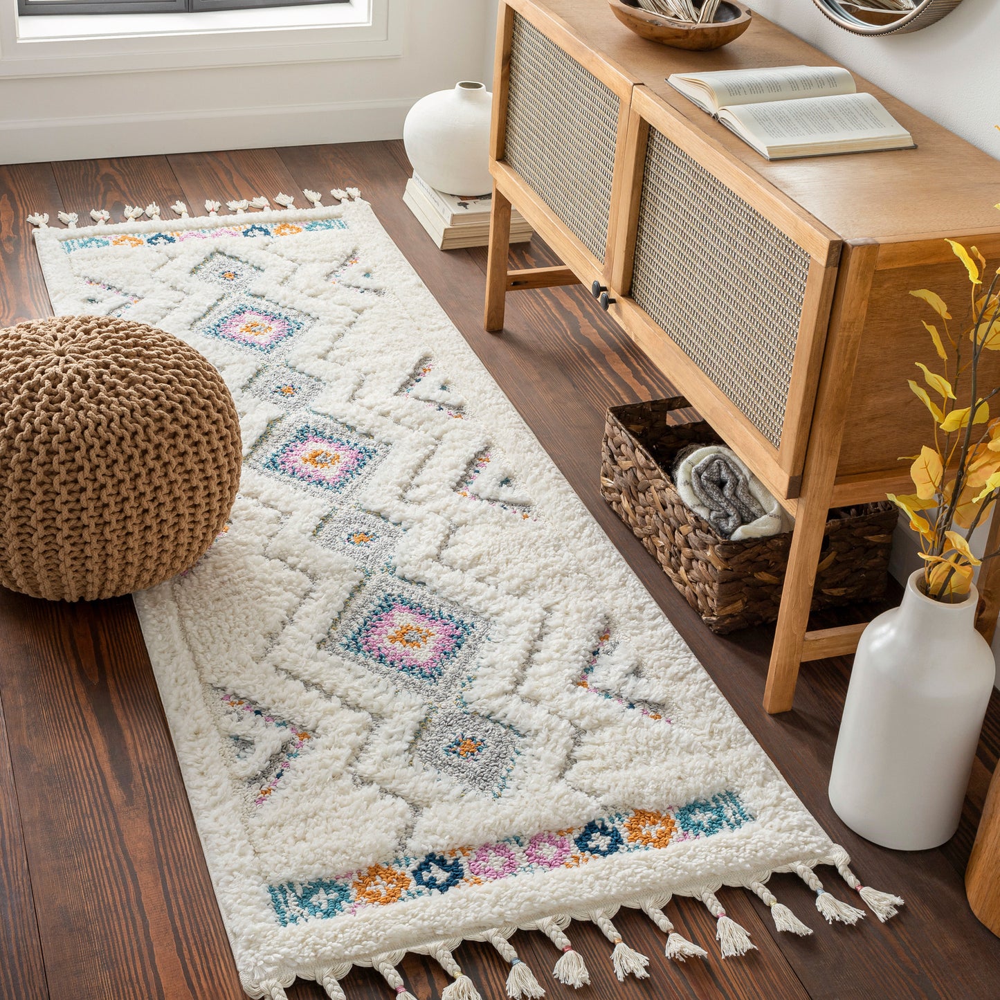 SWALEDALE Shaggy Rug I Living Room, Bedroom I Modern Boho Area Rug, Soft Fluffy Rug, Plush Pile, Easy Care I Multicolour, White