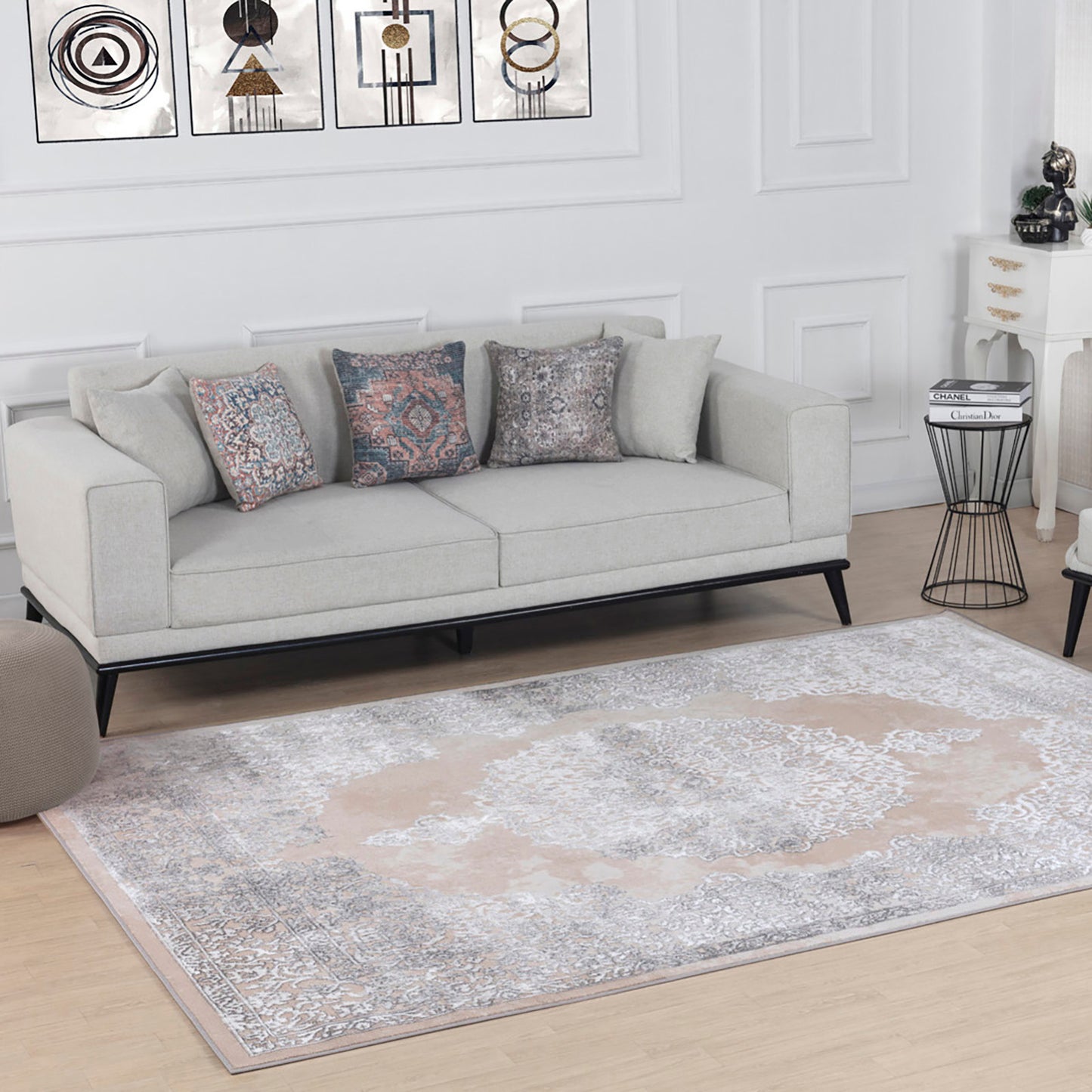 LORELLE Vintage Traditional Oriental Boho Beige White Area Rug