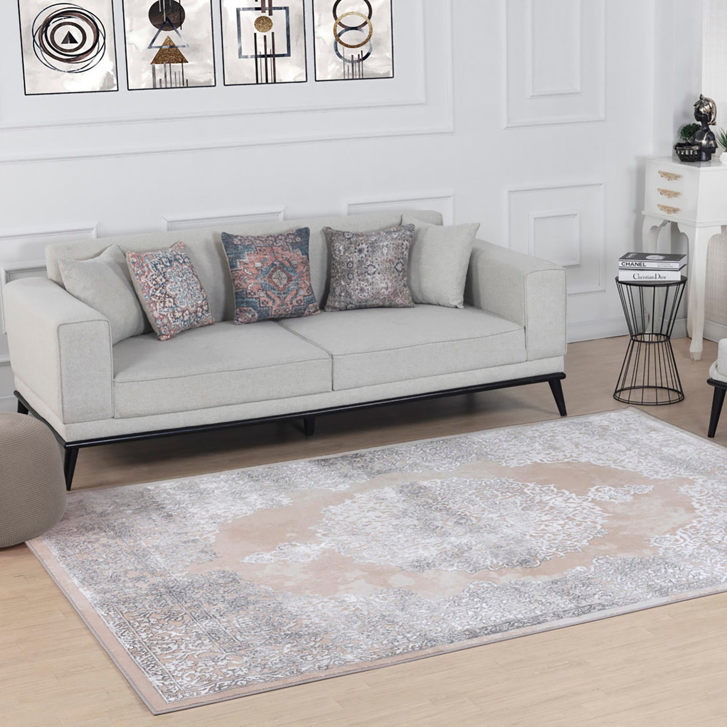 LORELLE Vintage Rug I Living Room, Bedroom, Dining I Traditional Oriental Boho Rug, Soft Area Rug, Short Pile, Easy Care I Beige, White