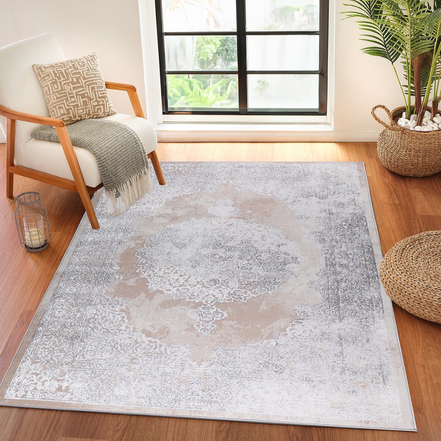 LORELLE Vintage Rug I Living Room, Bedroom, Dining I Traditional Oriental Boho Rug, Soft Area Rug, Short Pile, Easy Care I Beige, White