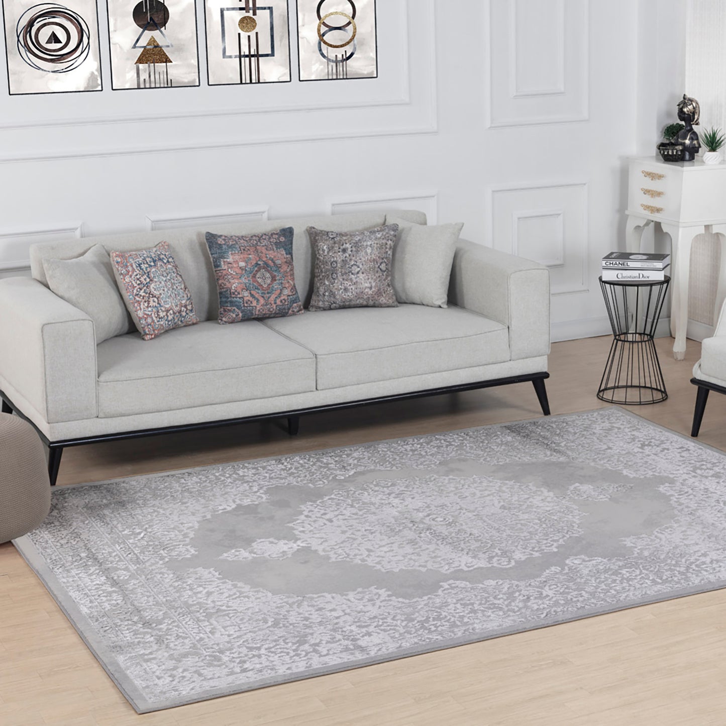 LORELLE Vintage Rug I Living Room, Bedroom, Dining I Traditional Oriental Boho Rug, Soft Area Rug, Short Pile, Easy Care I White, Grey