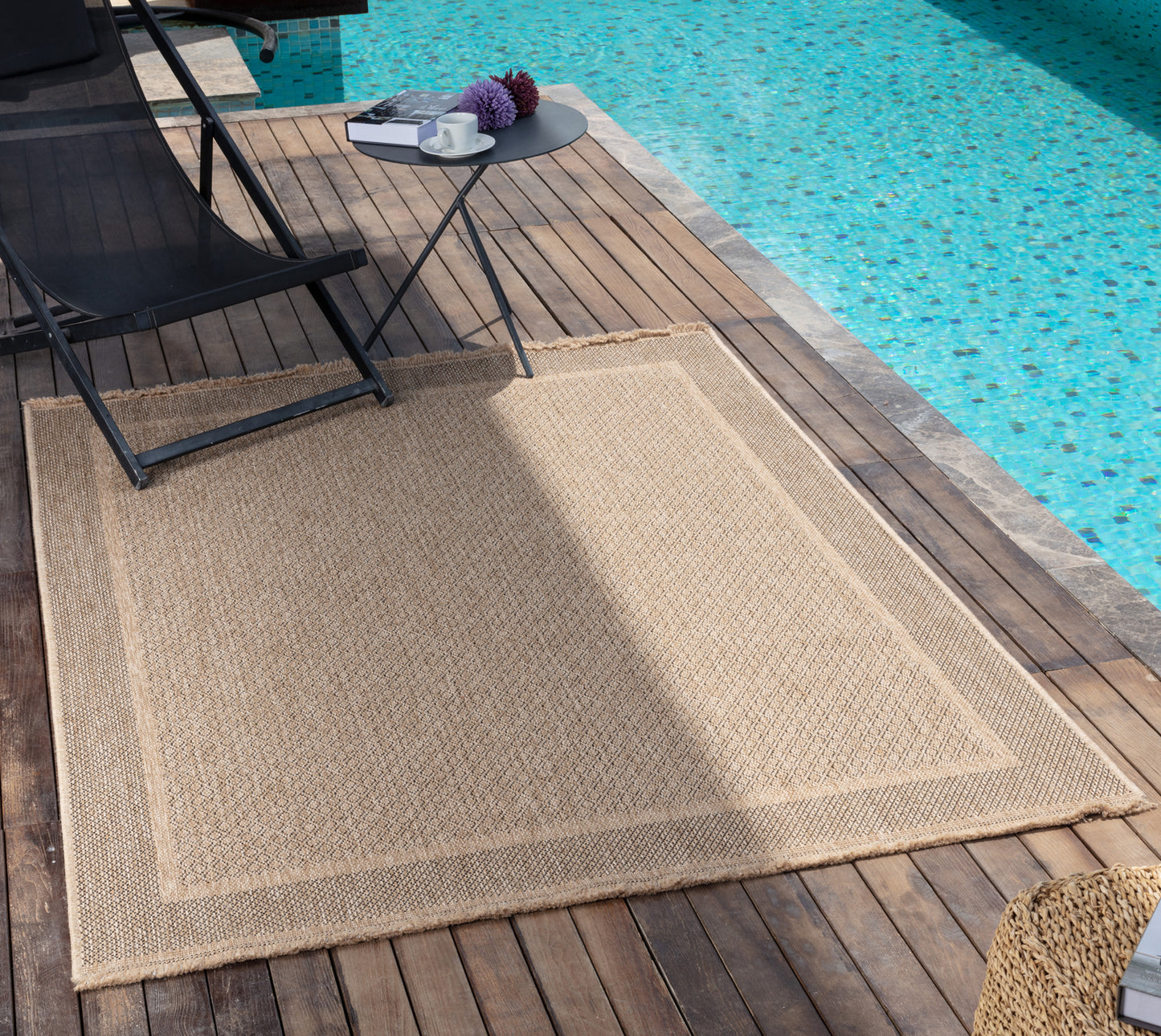 SABRENA In- & Outdoor Jute-Look Rug I Balcony, Terrace, Kitchen, Garden I Modern Boho Rug, UV Weather Stain Resistant I Tan, Black