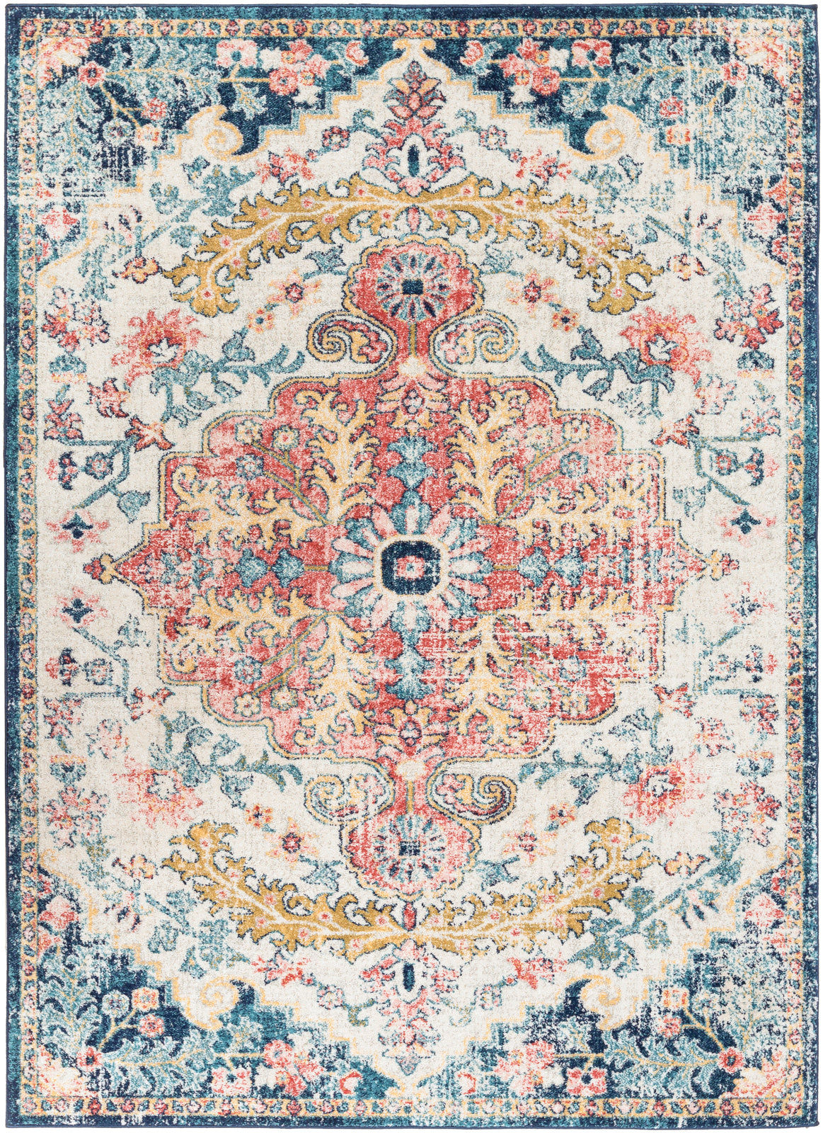 GIMEL Vintage Rug I Living Room, Bedroom, Dining I Traditional Oriental Boho Rug, Soft Luxurious Rug, Short Pile, Easy Care I Blue, Red