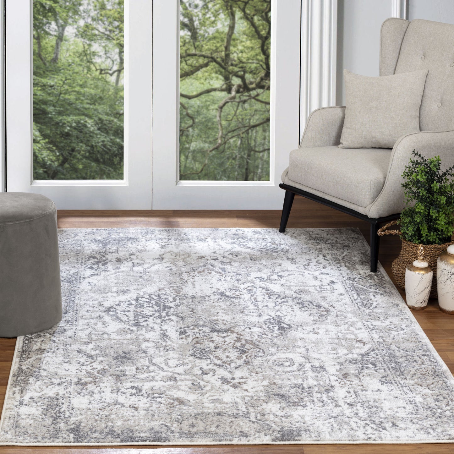 DOVID Vintage Rug I Living Room, Bedroom, Dining I Traditional Oriental Boho Rug, Soft Area Rug, Short Pile, Easy Care I White, Grey