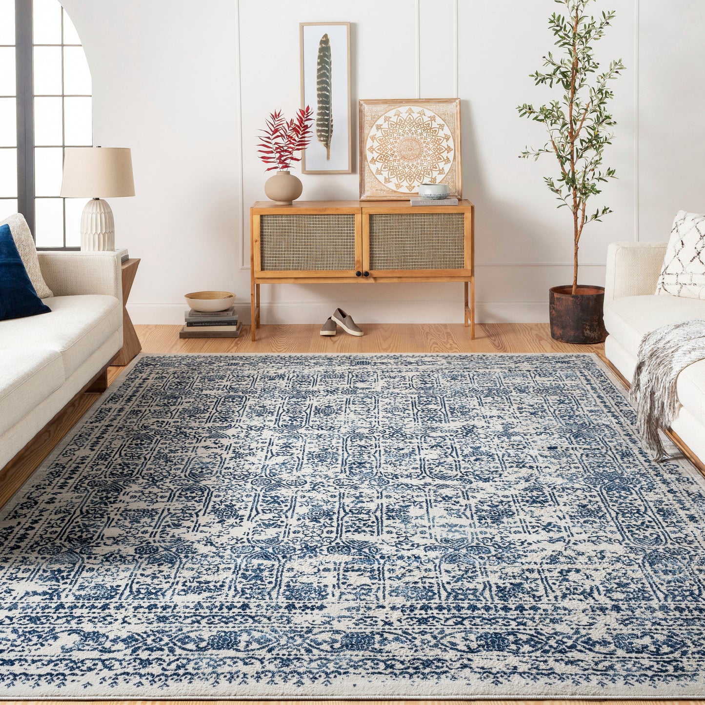 HYERES Vintage Rug I Living Room, Bedroom, Dining I Traditional Oriental Boho Rug, Soft Area Rug, Short Pile, Easy Care I Blue, White