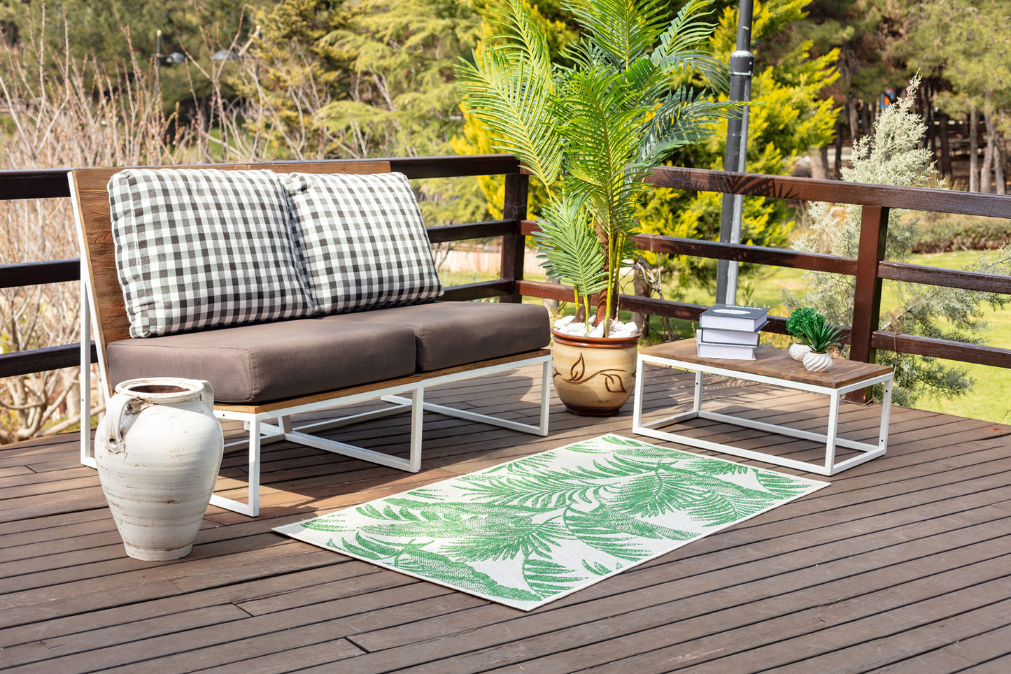 KALENNA In- & Outdoor Rug I Balcony, Terrace, Kitchen, Garden, Patio I Modern Boho Rug, UV Weather Stain Resistant I Ivory, Green