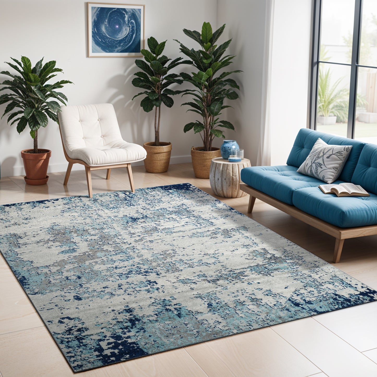 LEAH Abstract Rug I Living Room, Bedroom, Hallway I Modern Marble Rug, Soft Luxurious Area Rug, Short Pile I Blue, Grey, White